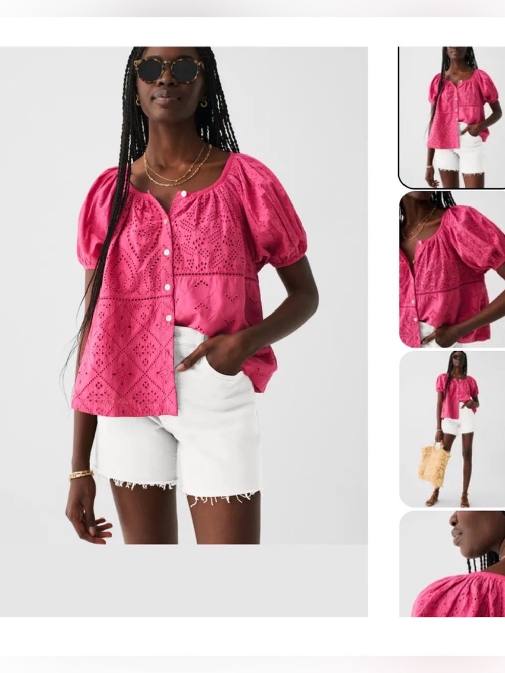 Faherty XL Pink Cactus Flower Carmel Eyelet Button Front Puff Sleeve Top